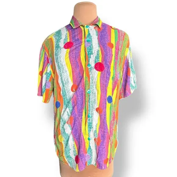 Vintage 90s Jams World Crinkle Shirt Small Multicolor Striped Polka Dot Retro - Picture 3 of 11